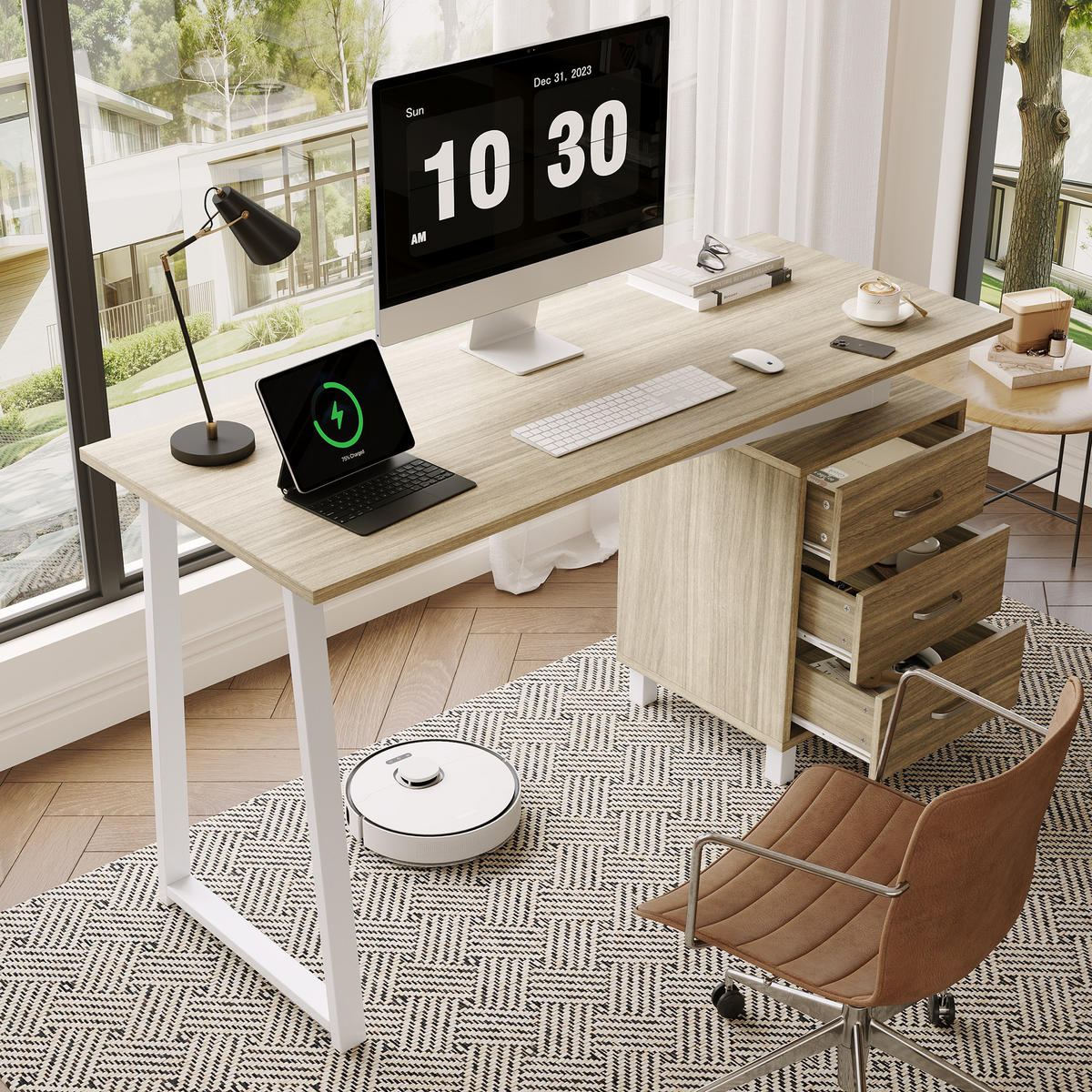 SCHREIBTISCH in Naturfarbe Bürotisch mit Schubladenschienen, 130/55/75cm - Weiß/Naturfarben, Holzwerkstoff/Metall (55/130/75cm) - STILVORA