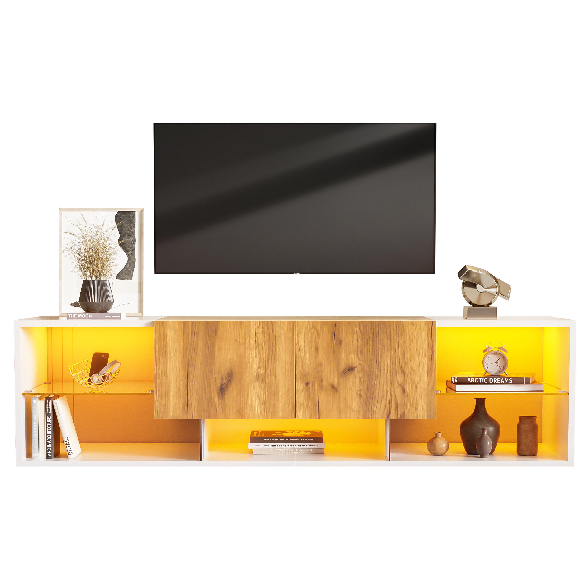TV-ELEMENT mit LED 160 x 40 x 42 cm Weiß und Eichefarben mit 2 Schubladen - Weiß, Holzwerkstoff (40/42/160cm) - Beauniv