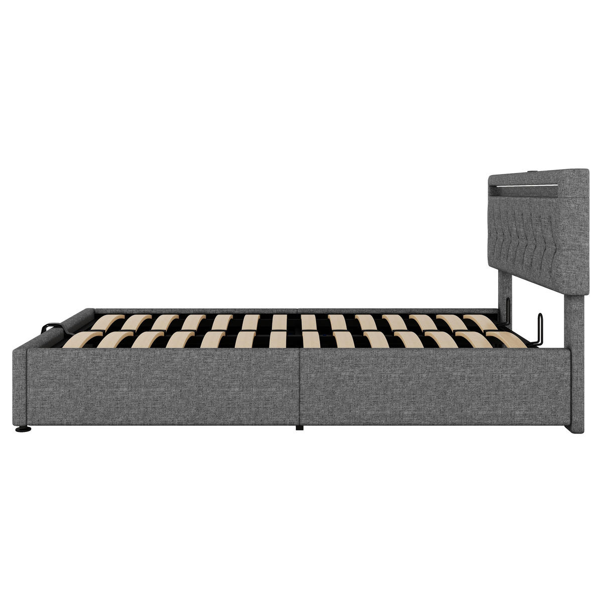 FLACHBETT 140x200cm Grau gepolstert LED Hydraulik USB-C Stauraum - Grau, Holz (140/200cm) - FLIEKS