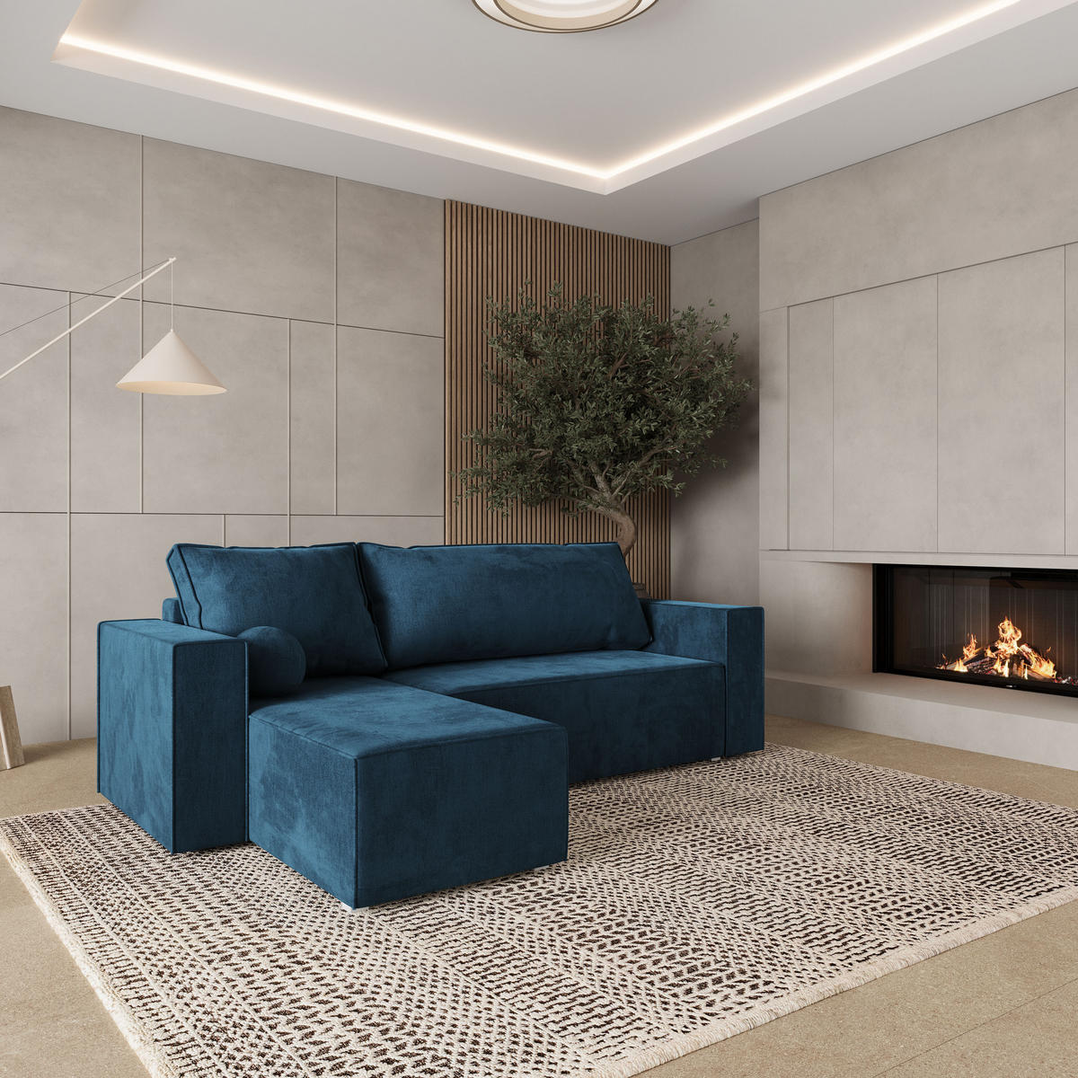 ROHOVÁ SEDAČKA RAVELO modrá - šedá/modrá, dřevo/textil (240/140cm) - MASSENO