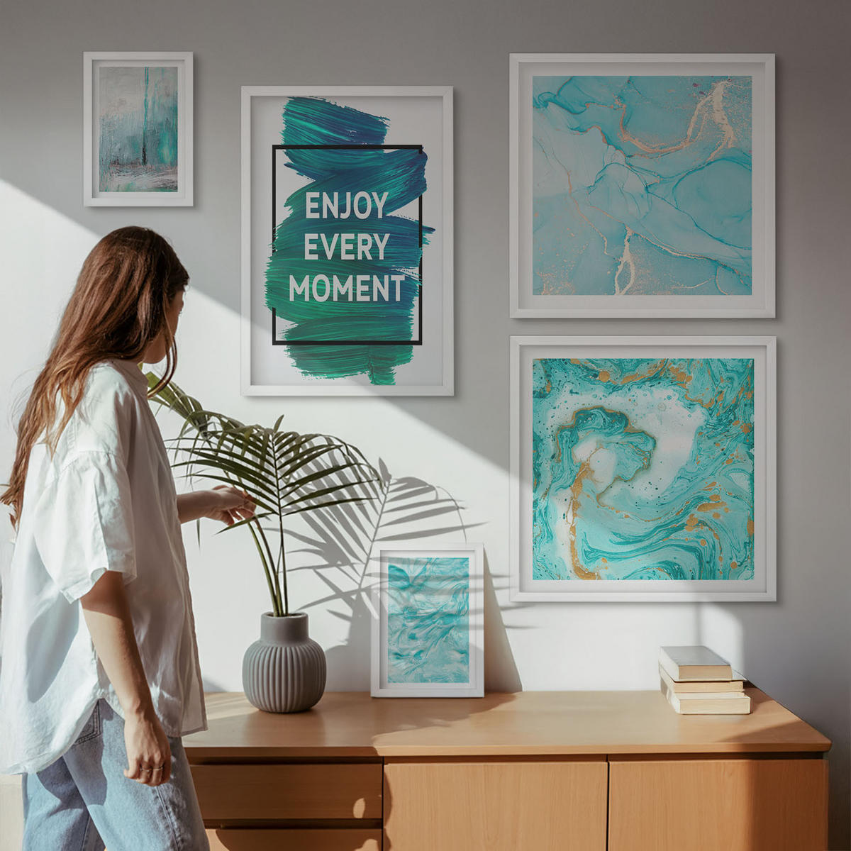BILDER SET 5er Set - 50x50 cm & 20x30 cm & 40x60 cm Weißer Rahmen - Farbenfrohe Abstraktionen, Gesichter, Formen - Weiß, Kunststoff (40/60cm) - TULUP