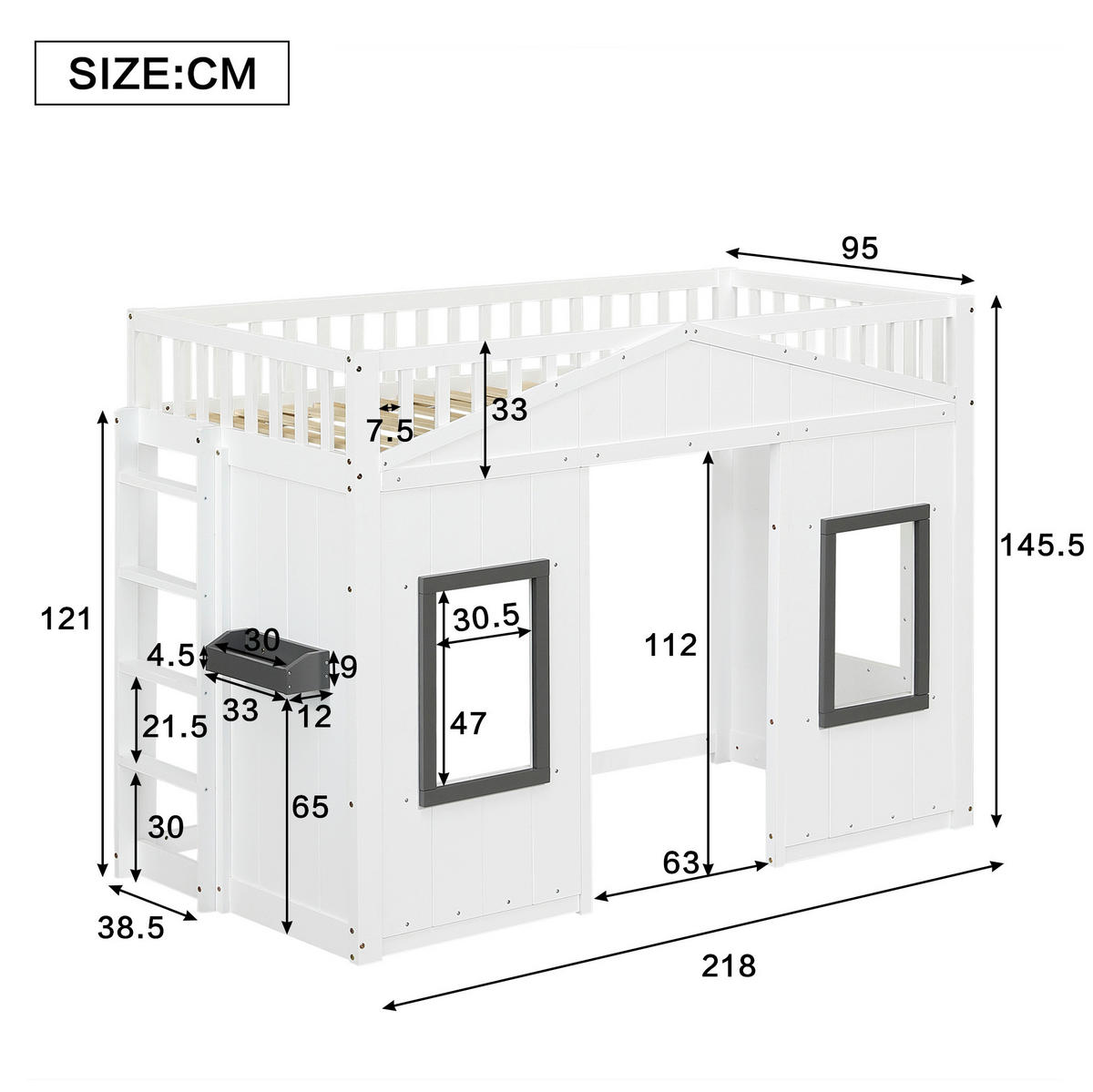 ETAGENBETT mit Treppe, 90/200 cm, Weiß/Grau, mit Fenstern - Weiß, Holz (90/200cm) - MIVRAY