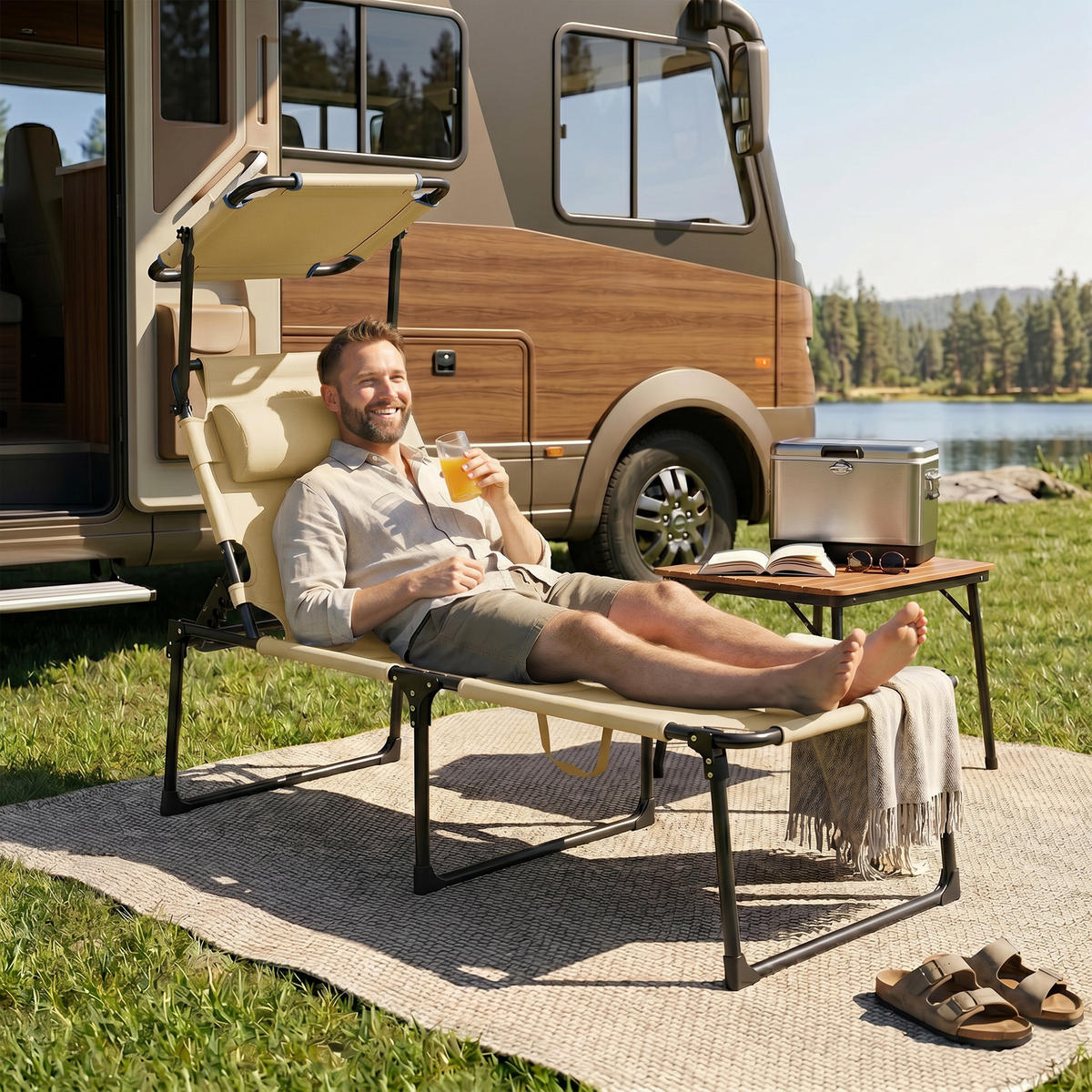 SONNENLIEGE DE-15640 70/200/45 cm mit Sonnendach & Kopfkissen Creme - Creme, Metall (70/45/200cm) - ComfortXL