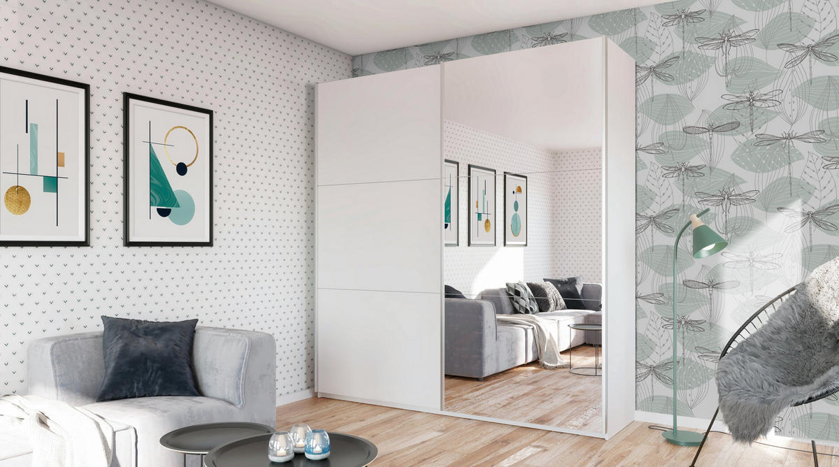 SCHWEBETÜRENSCHRANK ORIANNA 225/244/65 cm 2-türig mit Spiegel Weiß - Weiß, Holzwerkstoff (225/244/65cm) - MASSENO