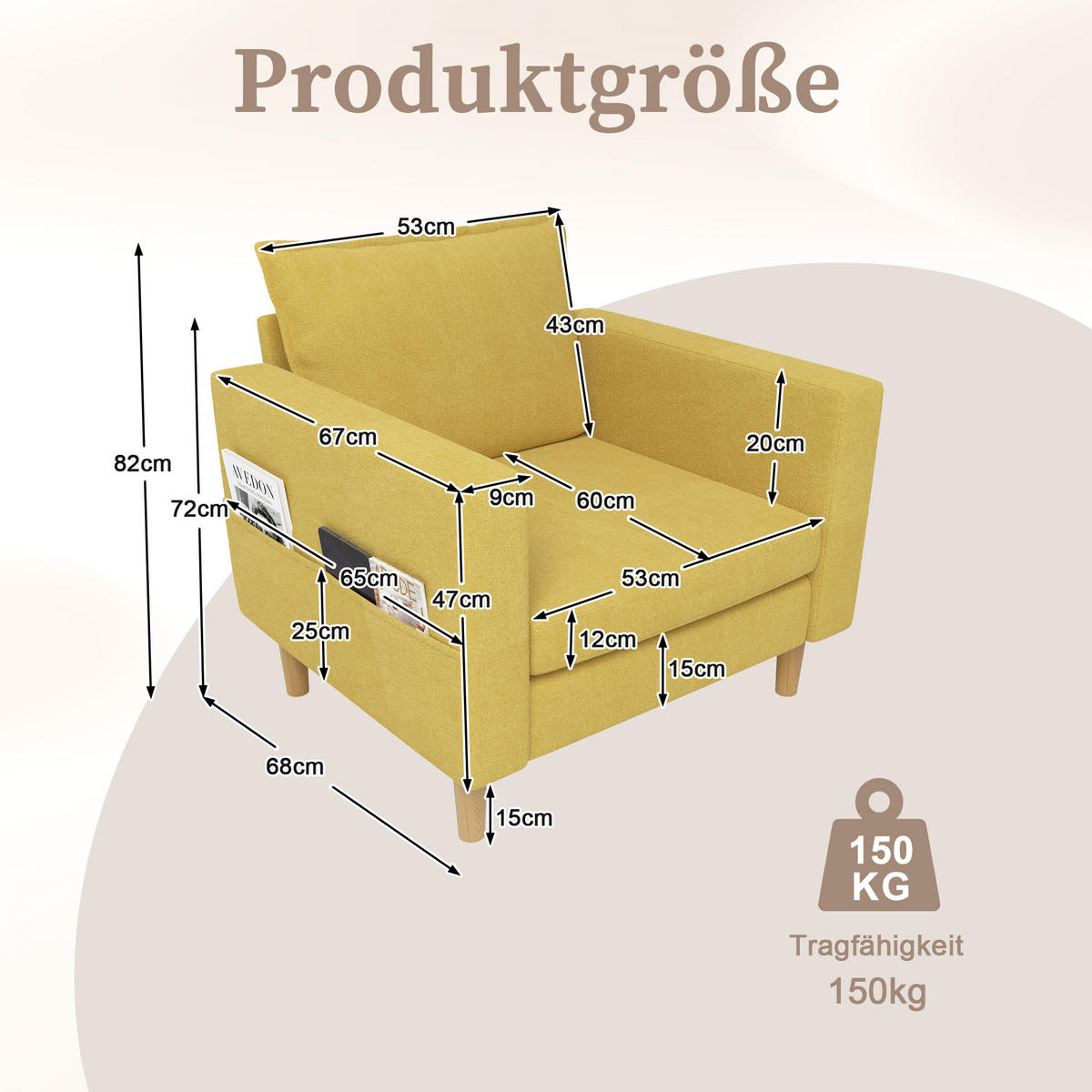 SESSEL Chenille Senfgelb mit Seitentasche - Gelb, Holz/Holzwerkstoff (71/82/68cm) - WISHDOR