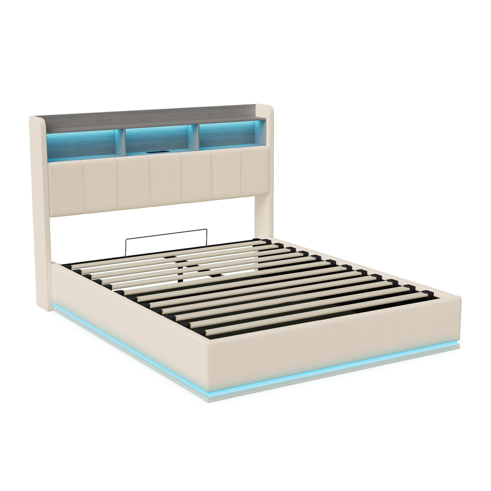 POLSTERBETT 140x190 cm Beige mit LED, Stauraumkopfteil & USB-C - Beige, Holz (140/190cm)