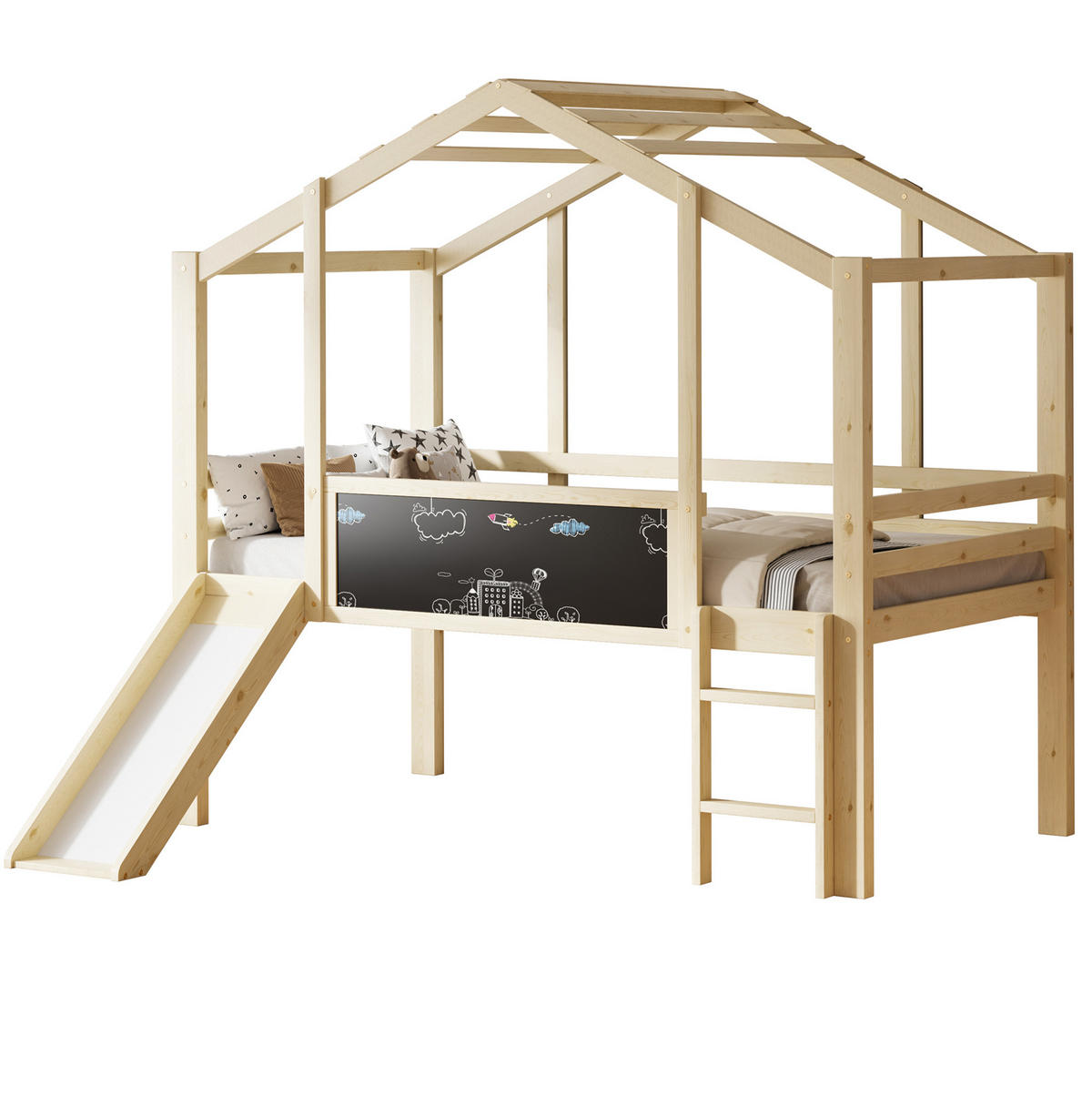 HOCHBETT 90/200 cm aus Massivholz mit Rutsche und Tafel im Hausdesign - Naturfarben, Holz (90/200cm) - Flora Grace