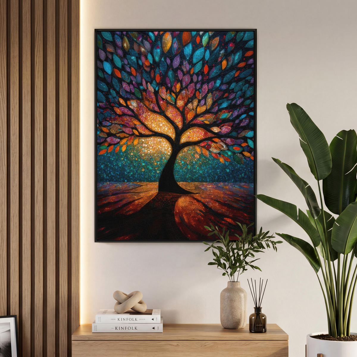 LEINWAND Bilder mit Rahmen - Mosaik - Bunt - Baum - Äste - 70x100 - Multicolor, Textil (70/100cm) - MuchoWow