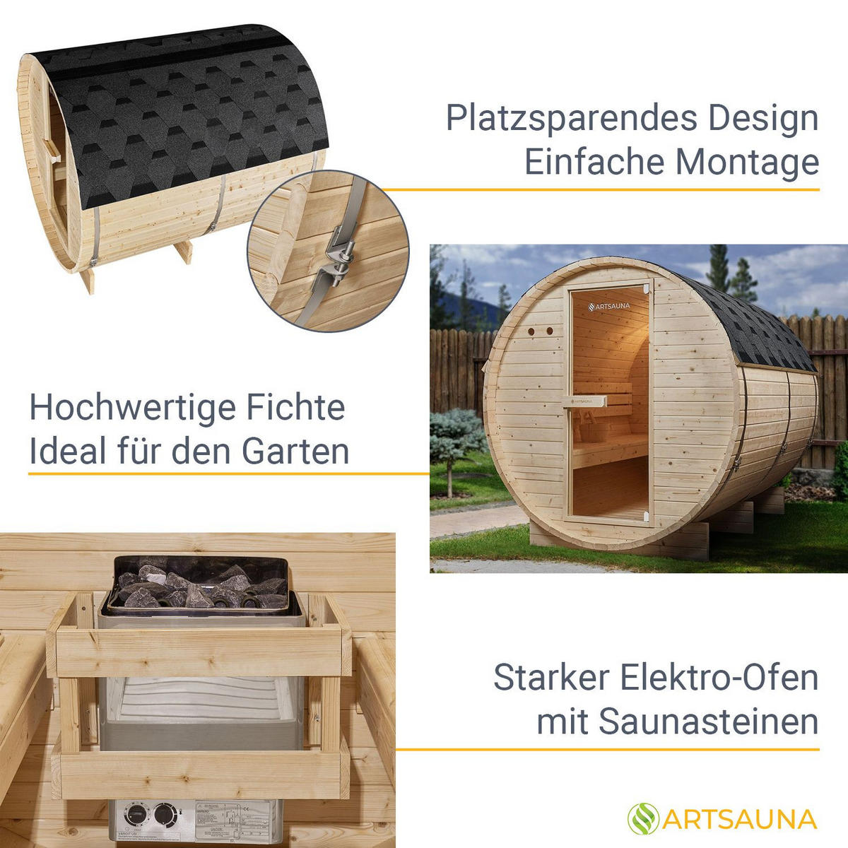 FASSSAUNA Spitzbergen 220 cm mit 8 kW Saunaofen (6 Personen) - Naturfarben, Holz (191/193/220cm) - Artsauna