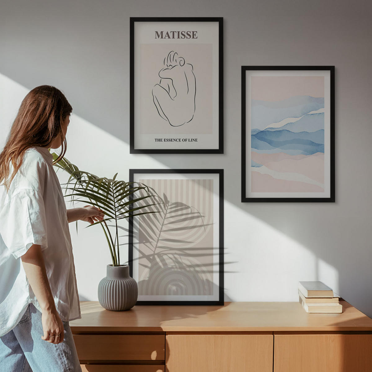 WANDBILDER 3er-Set - 40x60 cm Schwarzer Rahmen - Linien, Wellen, pastellfarbener Minimalismus - Schwarz, Kunststoff (40/60cm) - ArtPrintCave