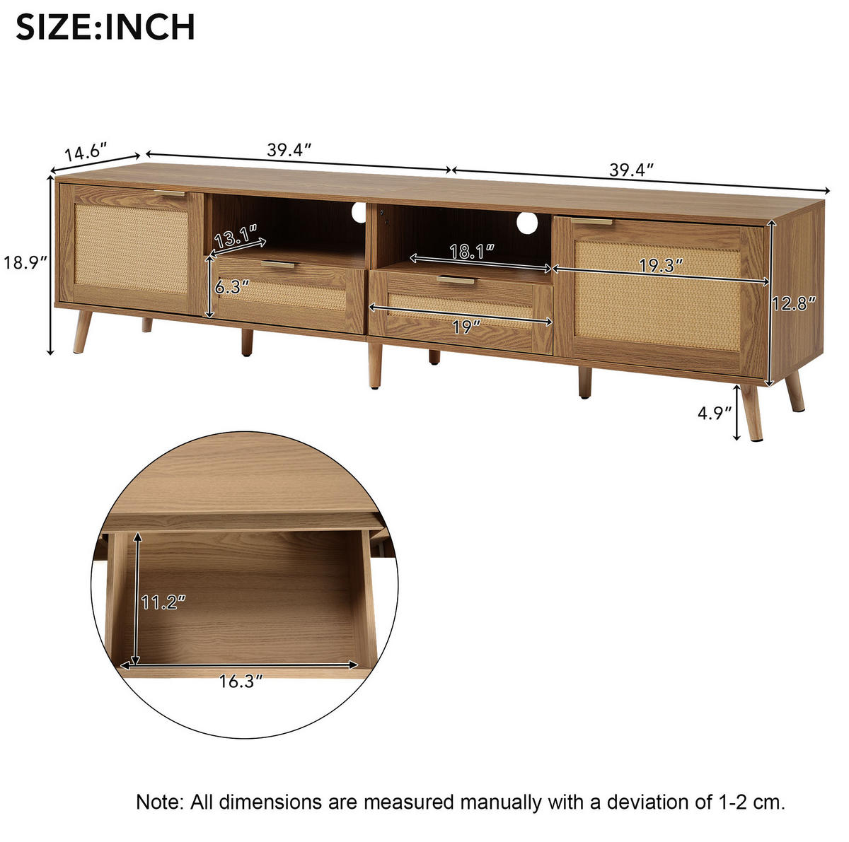 LOWBOARD 200/37/49 cm Eiche aus Holzwerkstoff mit Rattandesign - Braun, Holzwerkstoff (37/49/200cm) - OKMYHOME