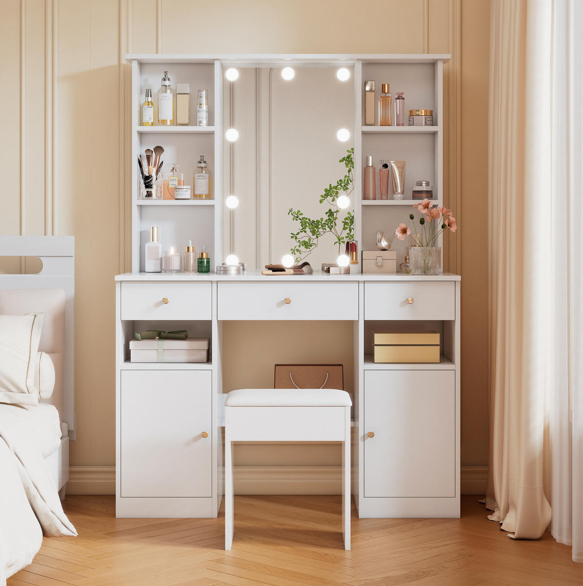 SCHMINKTISCH 110/40/151 cm in Weiß mit LED-Beleuchtung und viel Stauraum - Weiß, Holzwerkstoff (40/151/110cm) - Flora Grace