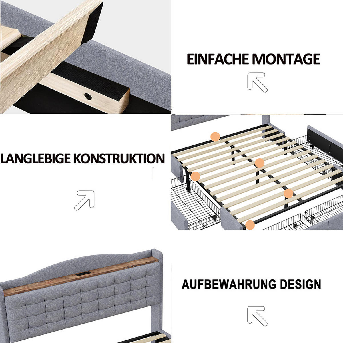 POLSTERBETT 140/200 cm in Grau Leinen mit USB-Ladeanschluss - Grau, Holz/Textil (140/200cm) - KOMHTOM