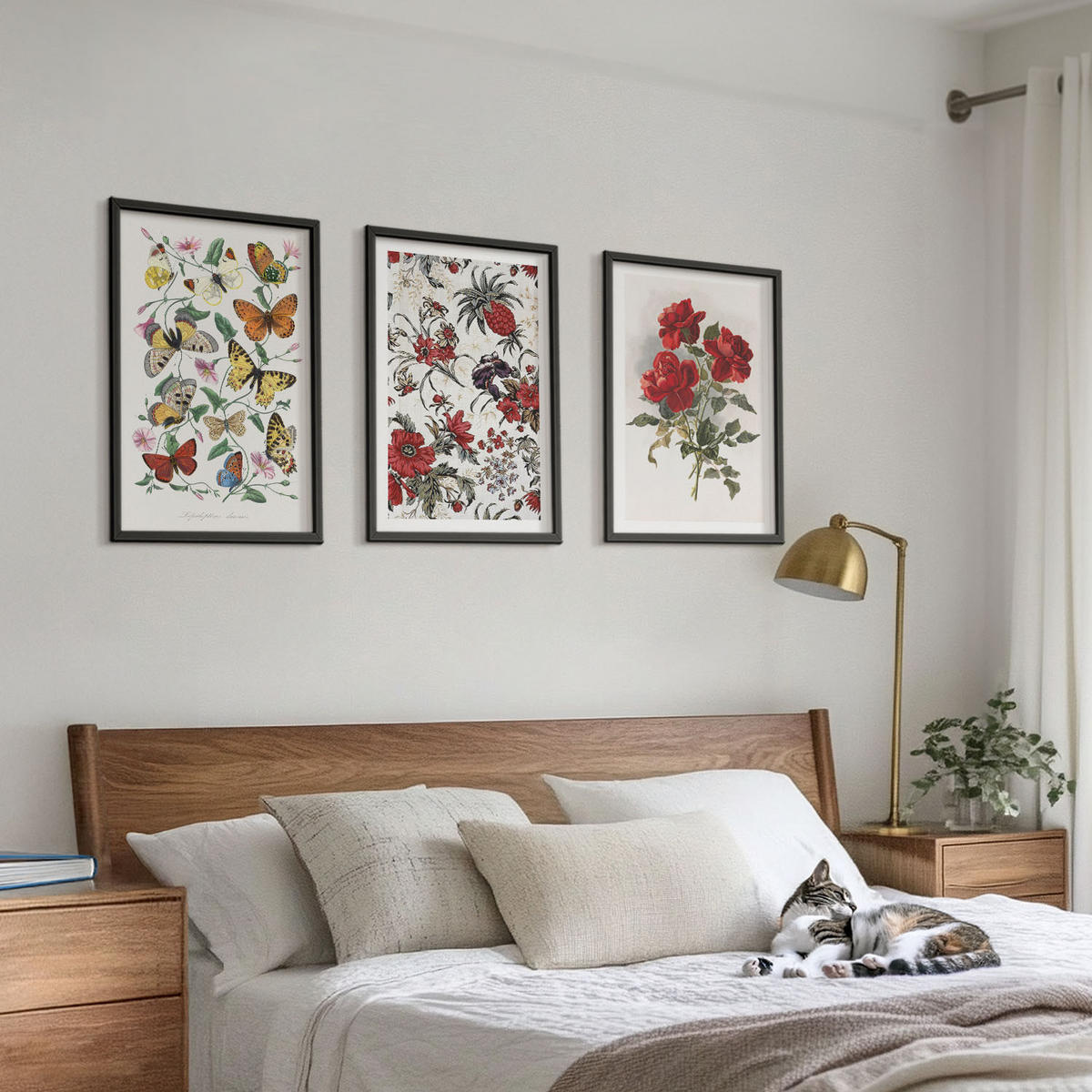WANDBILDER 3er-Set - 40x60 cm Schwarzer Rahmen - Schmetterlinge, Blumen, rote Rosen - Schwarz, Kunststoff (40/60cm) - ArtPrintCave
