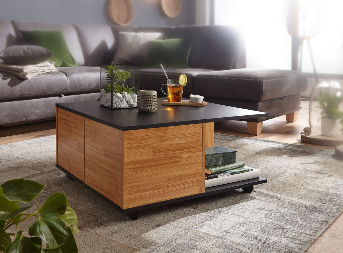 COUCHTISCH mit Rollen, Melaminharzbeschichtung und 2 Schubladen, Anthrazit 70x70x36 cm - Anthrazit/Schwarz, Holz (70/70/36cm) - KADIMA DESIGN