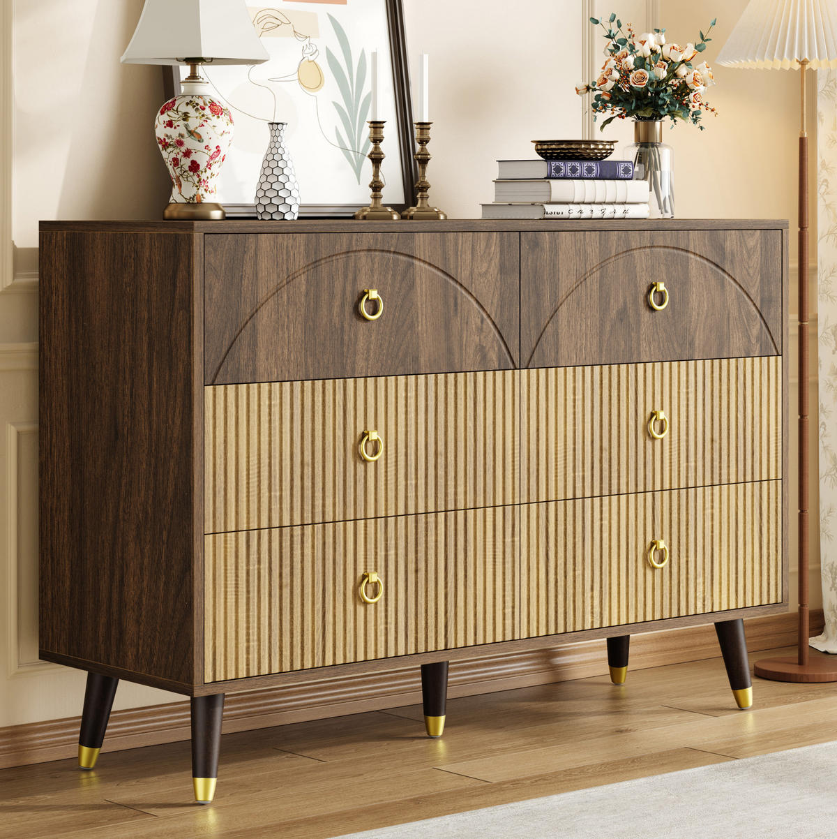 KOMMODEN-SIDEBOARD 120/40/81 cm mit 6 Schubladen im Retro-Look - Naturfarben, Holzwerkstoff (120/81/40cm) - BEAOK