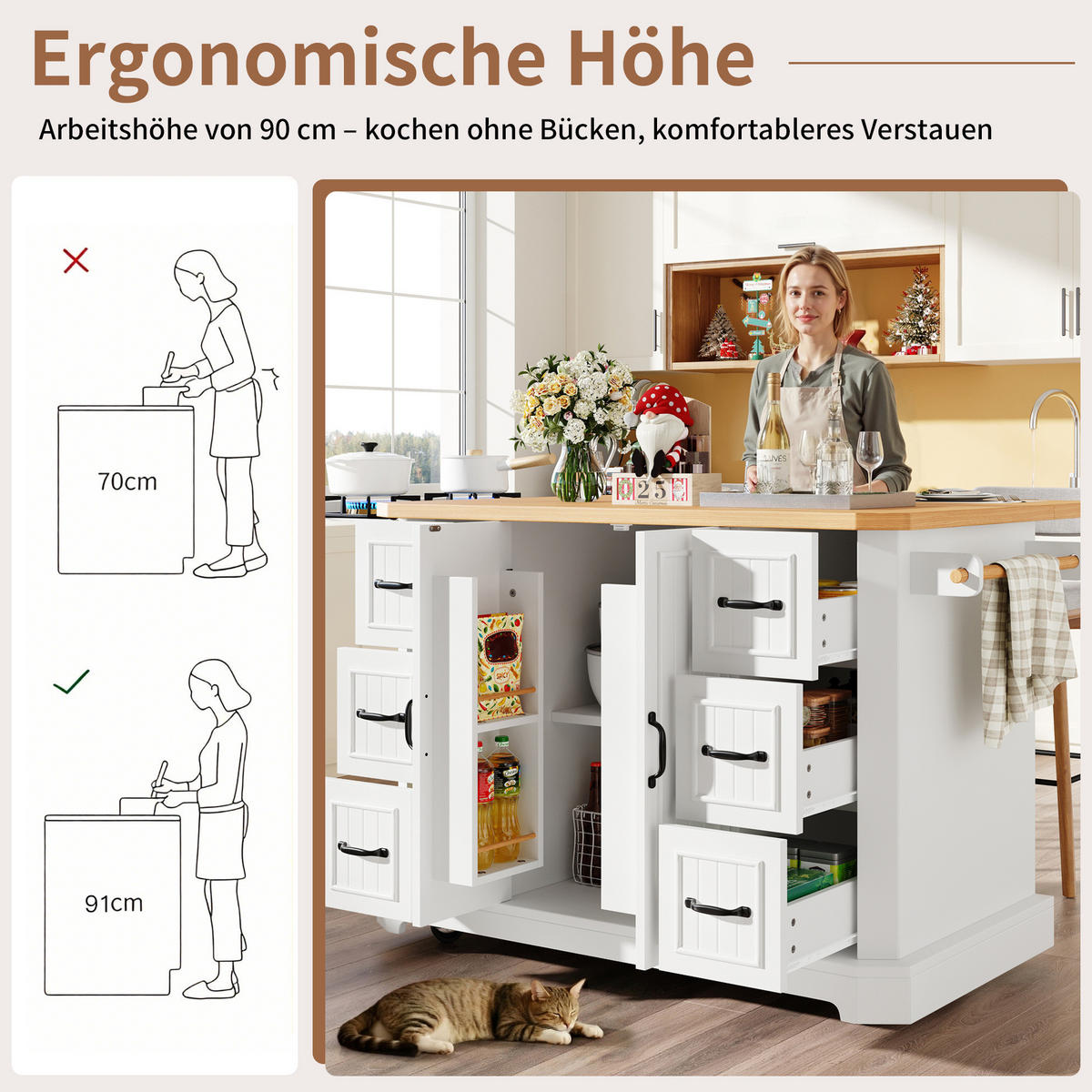 KÜCHENINSEL 120/45(75)/91 cm rollbar mit 2 Türen, 6 Schubladen und MDF/Metall, Weiß - Weiß, Holzwerkstoff (120/91/45cm) - Redom