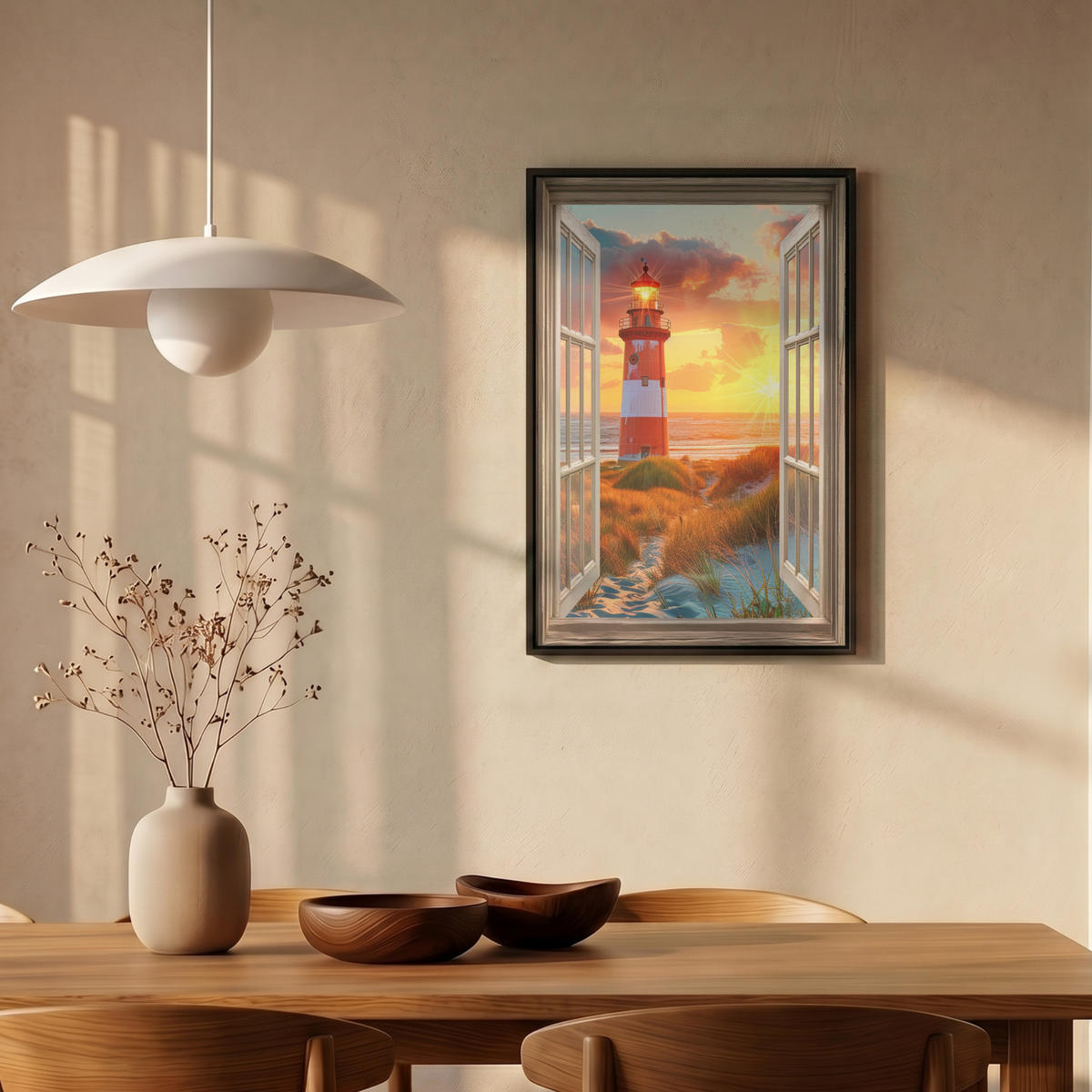LEINWAND Bilder mit Rahmen - Aussicht - Fenster - Leuchtturm - Sonnenuntergang - Strand - 40x60 - Dunkelorange, Textil (40/60cm) - MuchoWow