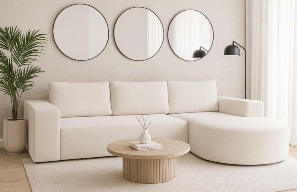 ECKSOFA Ecru Vello Mit Schlaffunktion Rechts Stoff Boucle - Ecru, Textil (165/270cm) - Sepro Meble