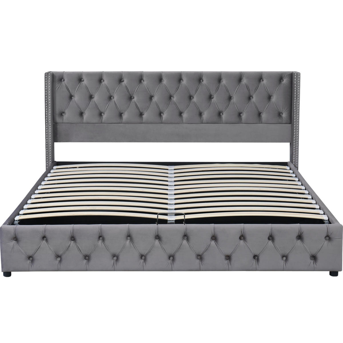 POLSTERBETT aus Samt 160x200 cm Grau mit hydraulischem Bettkasten und Chesterfield-Steppung - Grau, Textil (160/200cm) - Modfu