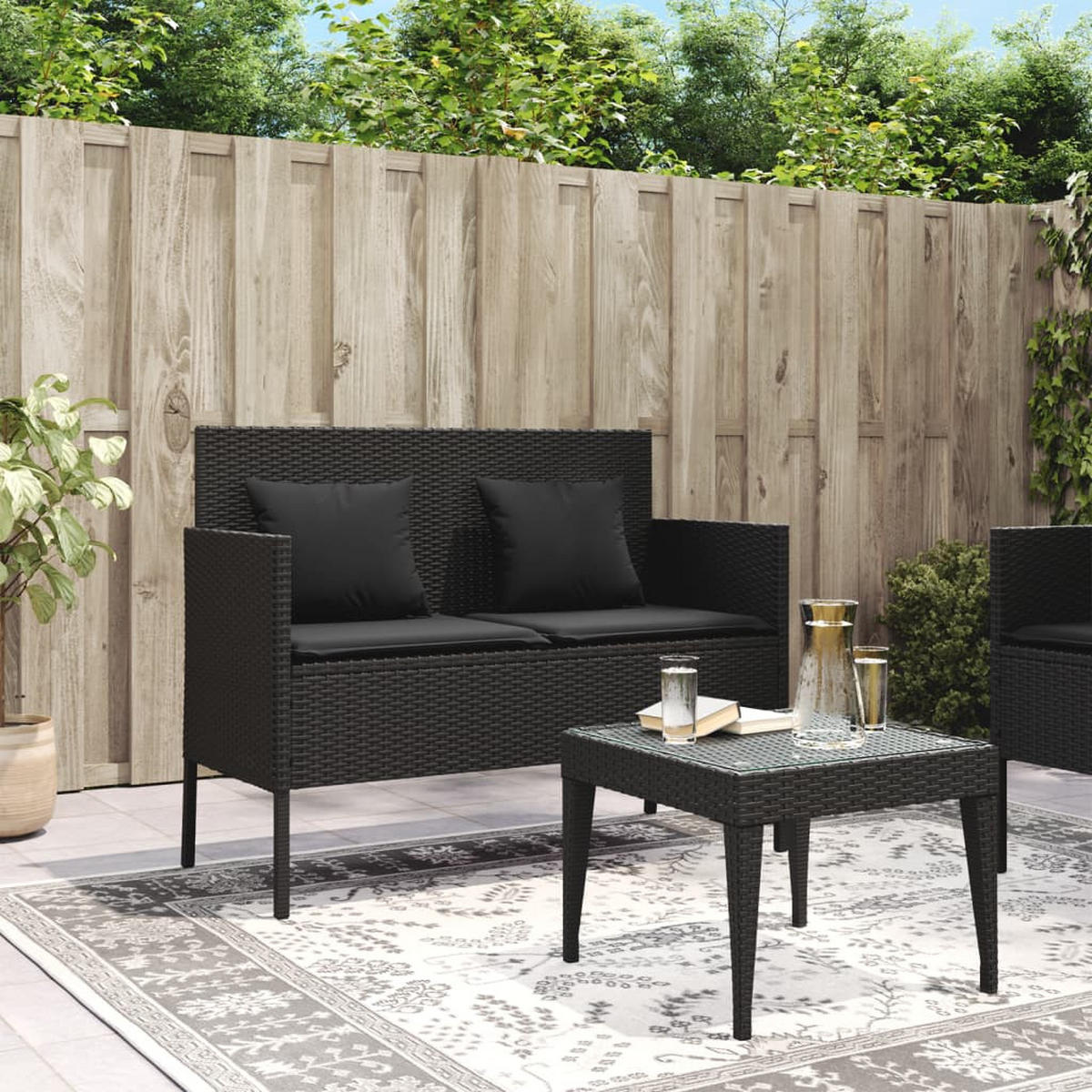 GARTENBANK mit Stauraum und Svhwarz Kissen, 113/61/87 cm, aus Poly Rattan und Stahl, Schwarz - Schwarz, Kunststoff (61/87/113cm) - vidaXL