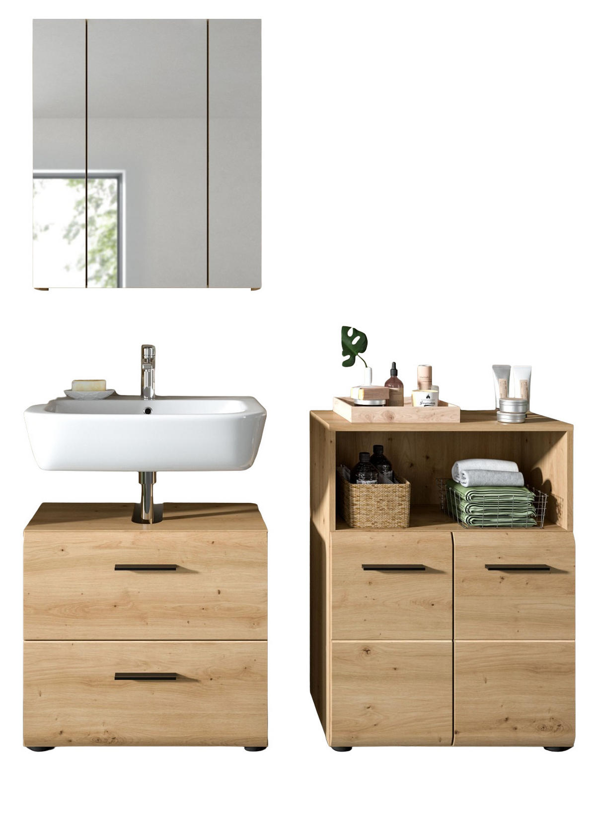 BADMÖBEL-SET 3-teilig in Eiche Artisan, Badkombination modern mit Vollauszug Schubkästen, Breite 135 cm - Schwarz/Eiche Artisan, Glas/Holzwerkstoff (135/185/30cm) - Inn.Furn