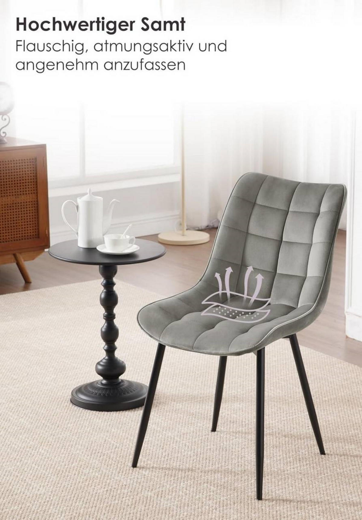 ESSZIMMERSTUHL 2er Set, Samt, Metallbeine, Hellgrau - Hellgrau/Schwarz, Textil/Metall (46/85.5/40.5cm) - Woltu
