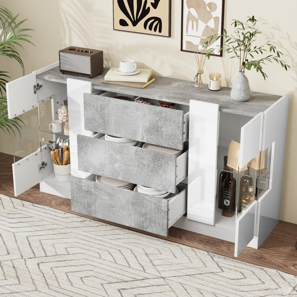 SIDEBOARD mit LED-Beleuchtung 140 x 35 x 75 cm Weiß Marmorlook - Weiß, Glas (140/75/35cm) - Meubliv
