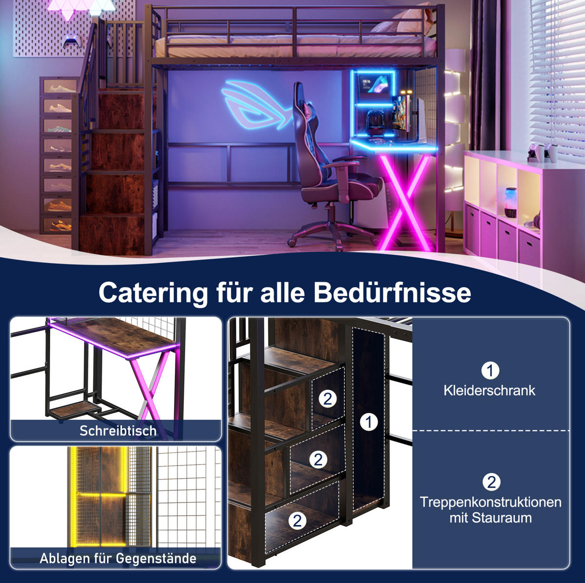 HOCHBETT 90/200 cm aus Metall und MDF mit Schreibtisch, Kleiderschrank und LED-Beleuchtung Schwarz - Schwarz, Metall (90/200cm) - Modenvie