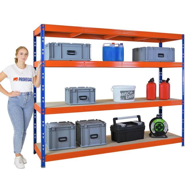 SCHWERLASTREGAL Rhino 180x240x60cm, 4 Spanplatten-Ebenen 8mm, Fachlast 450kg, Blau/Orange - Orange, Metall (240/180/60cm) - PROREGAL