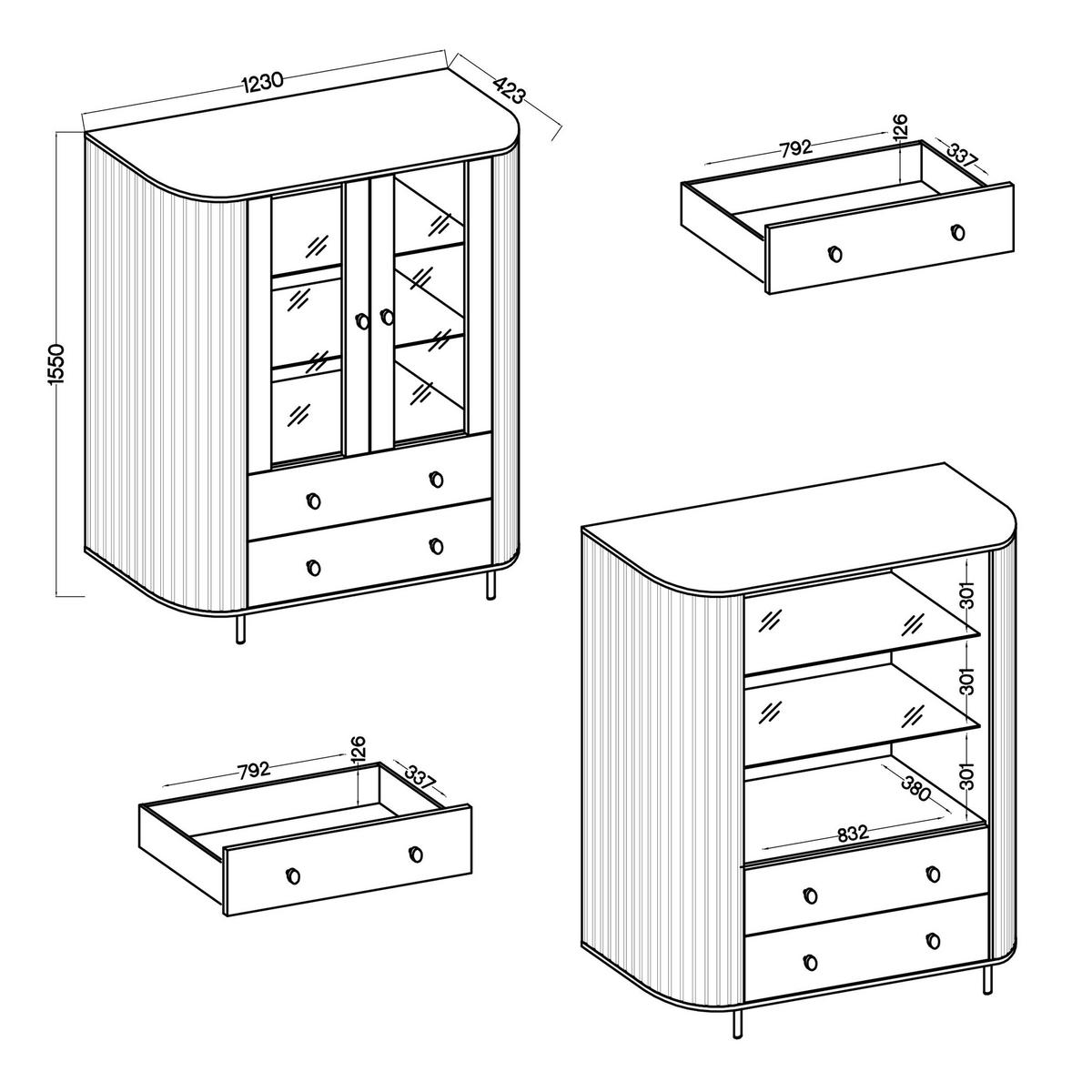 VITRINE Halay Beige, 2 Türen & 2 Schubladen Moderne Rillenstruktur, mit runden Kanten - Beige/Goldfarben, Holzwerkstoff/Metall (123/155/42.3cm) - AX Living