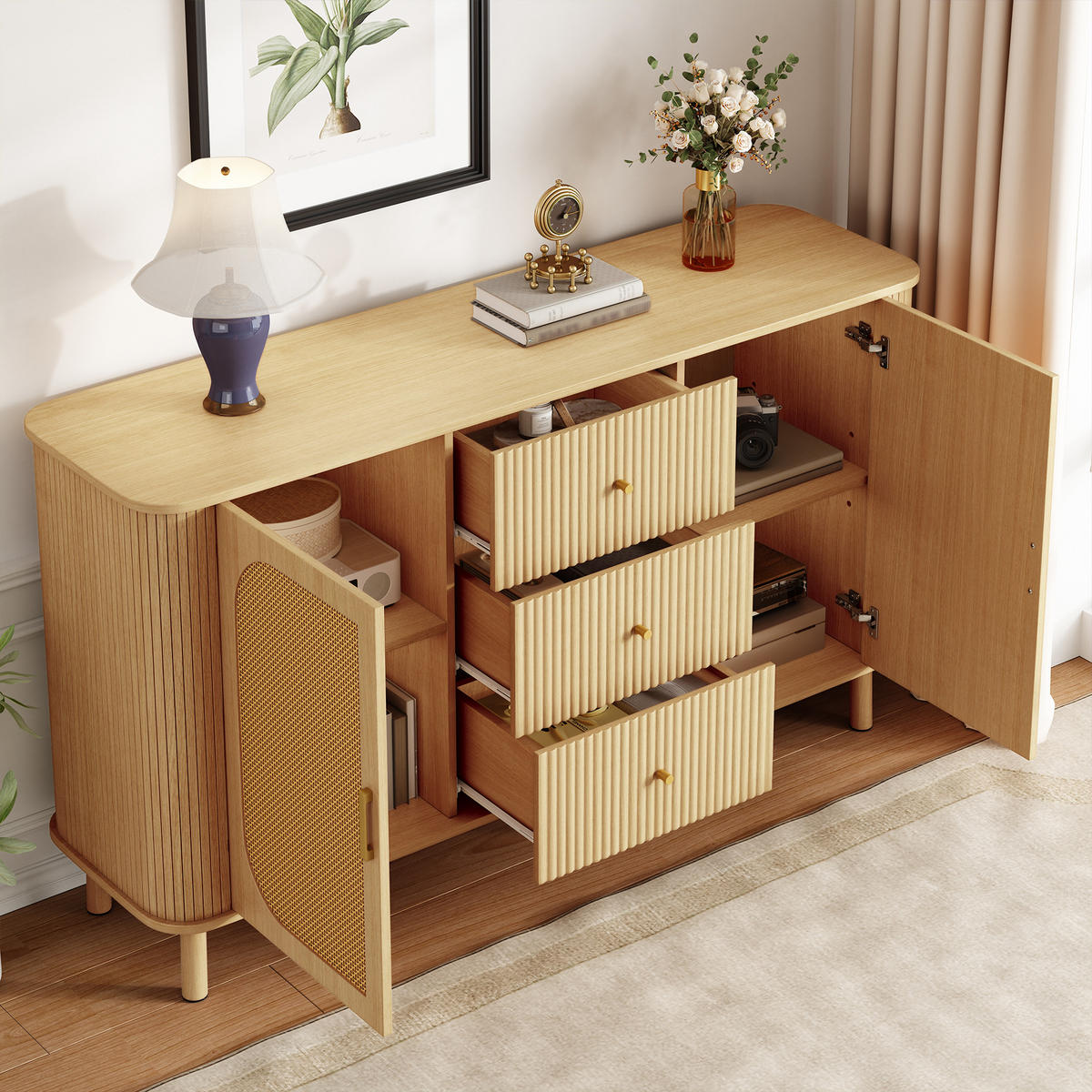 SIDEBOARD in Natur mit Rattan-Türen und gewellten Schubladen, MDF, Metallbeine mit Holzmaserung, 140/40/80 cm,Naturfarben - Naturfarben, Holzwerkstoff (140/80/40cm) - Redom