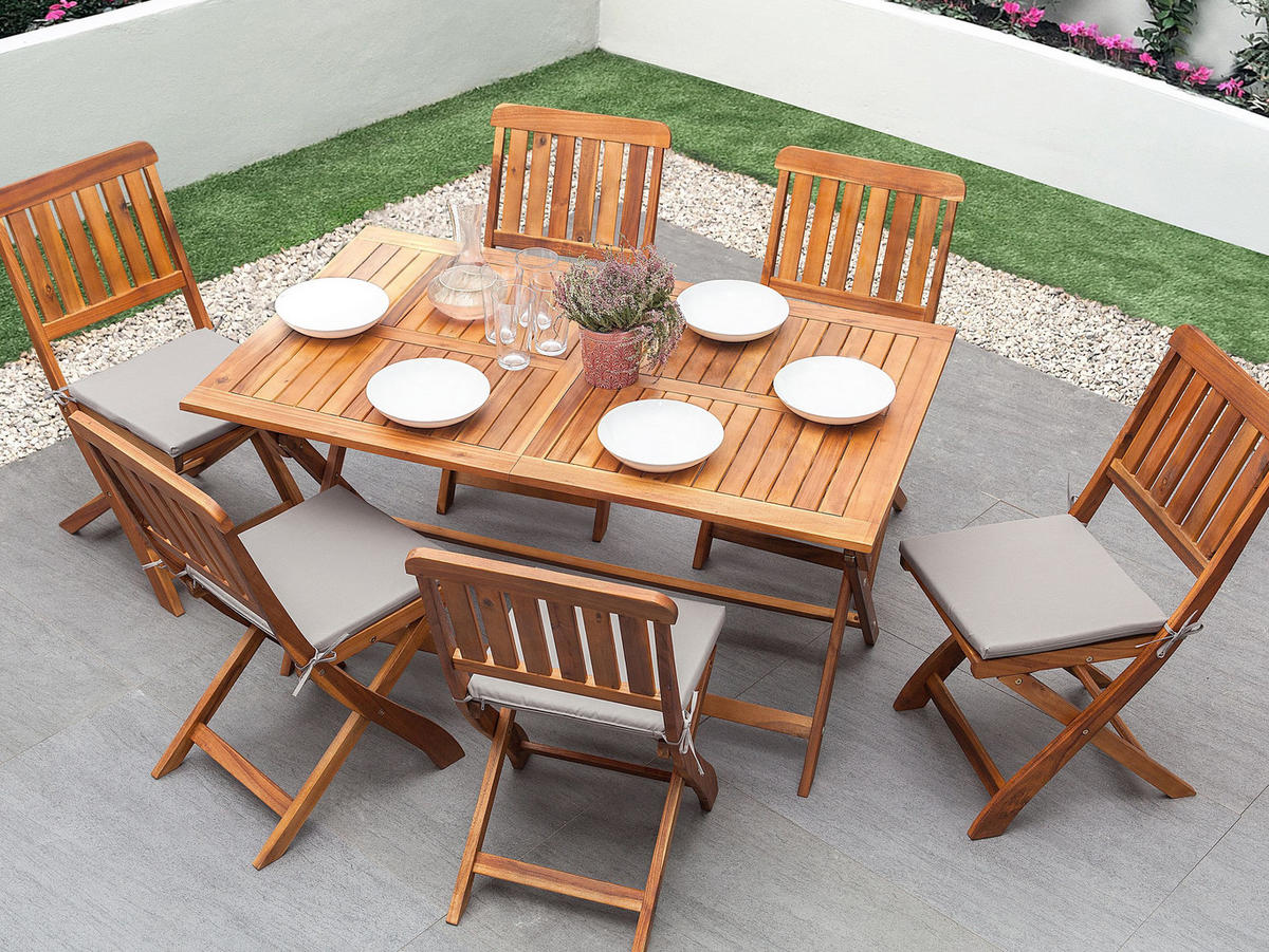 GARTENMÖBEL SET 6-Sitzer Akazienholz dunkelbraun Auflagen grau Cento - Dunkelbraun/Grau, Holz - Beliani