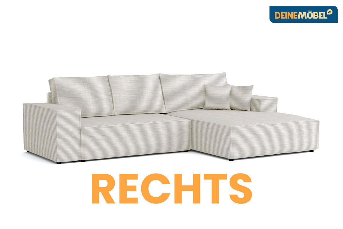 ECKSOFA MARCO 294/185 in Cord Creme mit Schlaffunktion rechts - Creme, Holz/Holzwerkstoff (294/185cm) - Deine Möbel 24