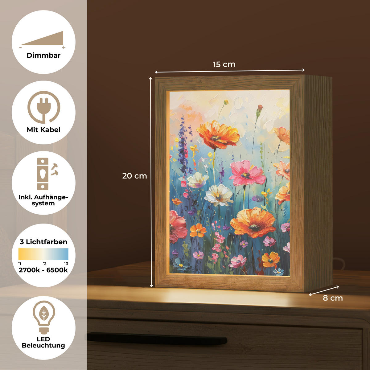 NÁSTĚNNÁ LAMPA Květiny - Příroda - Akvarel - Umění 15x20 cm - různobarevná, kompozitní dřevo (15/20/8cm) - OnlyWow