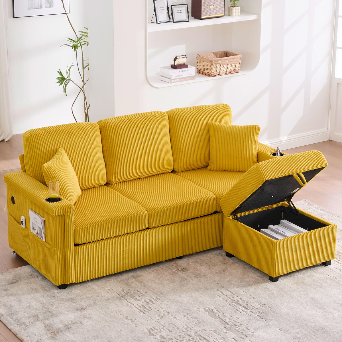 SOFA Corduroy mit LED und USB-Anschluss Stauraum-Schubladen 194/73/81 cm Gelb - Gelb, Textil (73/194cm) - Redom
