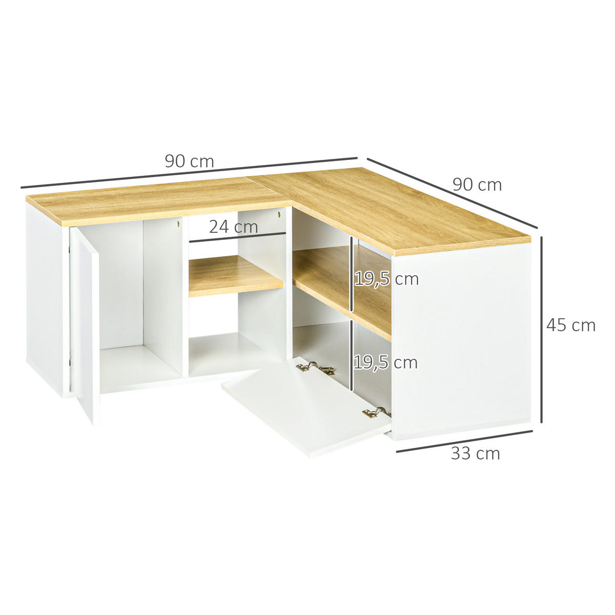 ECK-TV-LOWBOARD Hellbraun/Weiß 90/90/45 cm, Eckdesign, 2 Türen, 3 offene Fächer - Weiß, Holzwerkstoff (90/45/90cm) - PANGIVO