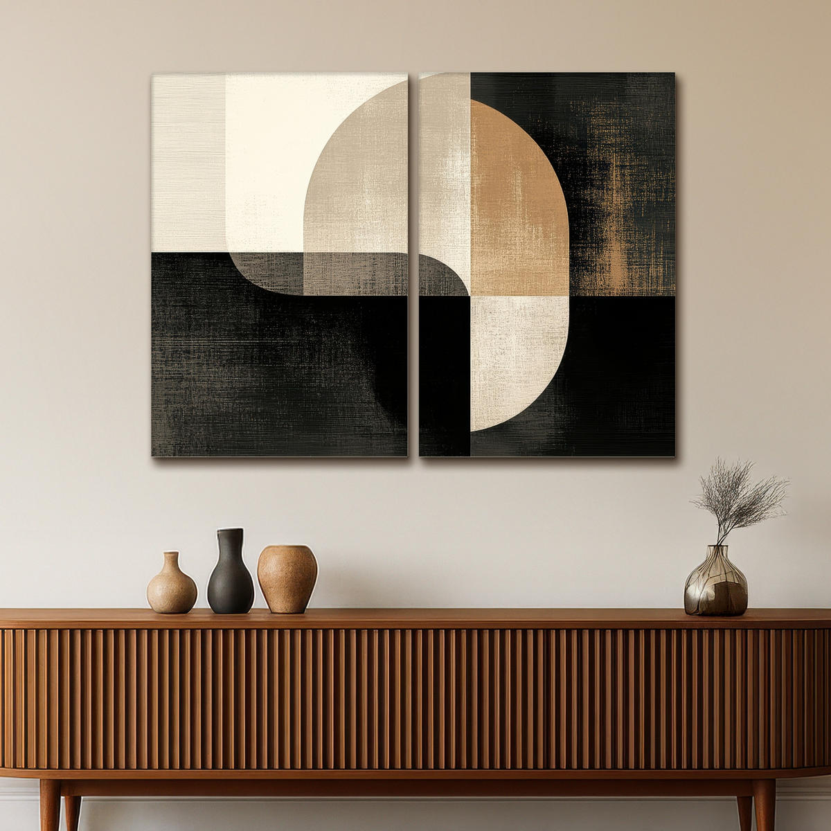 LEINWANDBILD 2er Set Formen - Abstrakt - Gold 120x90 cm - Schwarz, Textil (120/90cm) - MuchoWow