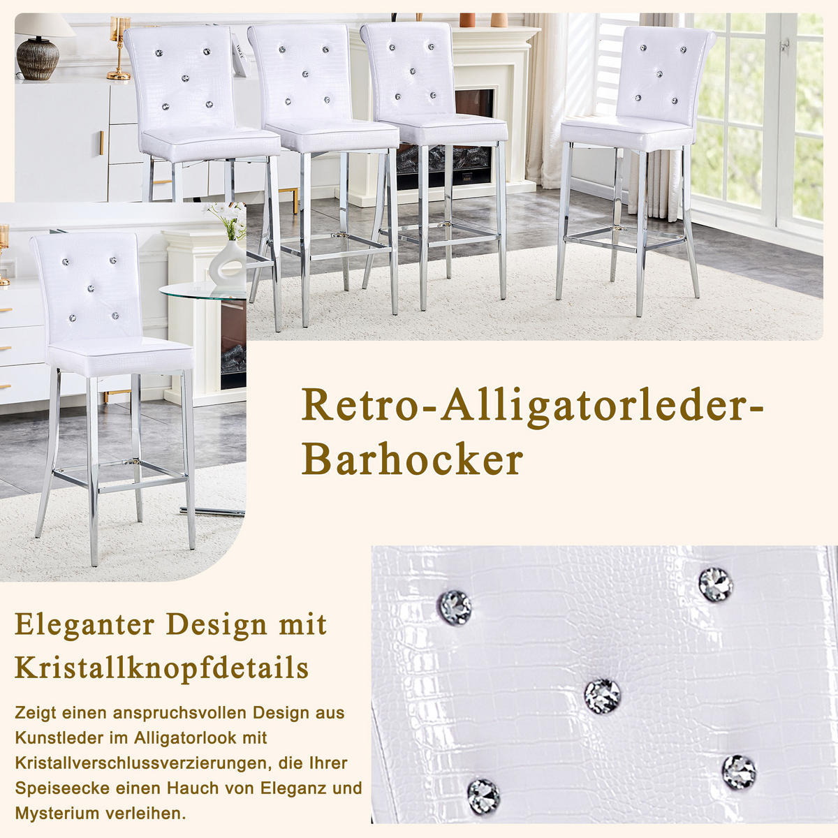 BARHOCKER DE-36799 2er-Set mit Krokodil-Leder-Optik Weiß - Weiß, Metall (43.2/114.3/54.1cm) - ComfortXL