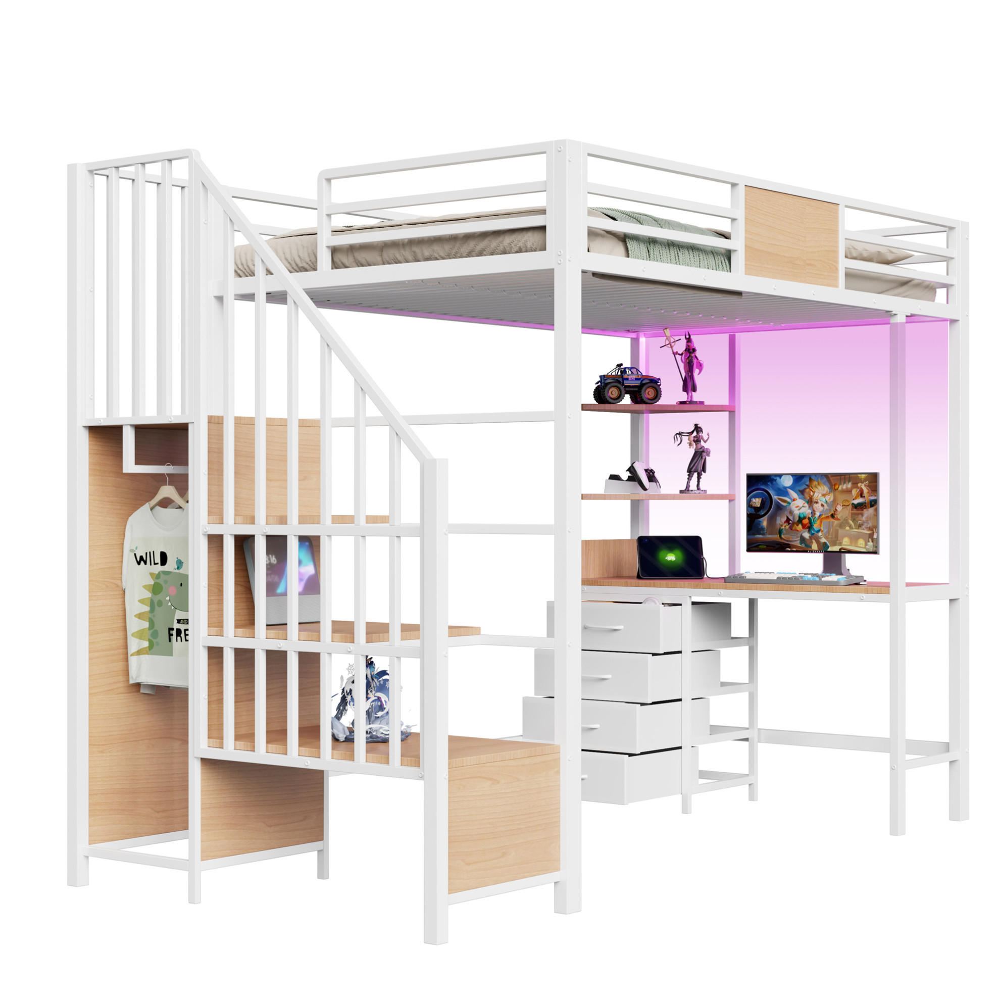 HOCHBETT 90/200 cm mit Schreibtisch, Ablagefächern, Kleiderstange, LED-Beleuchtung und Steckdose, Weiß - Weiß, Metall (90/200cm) - Redom