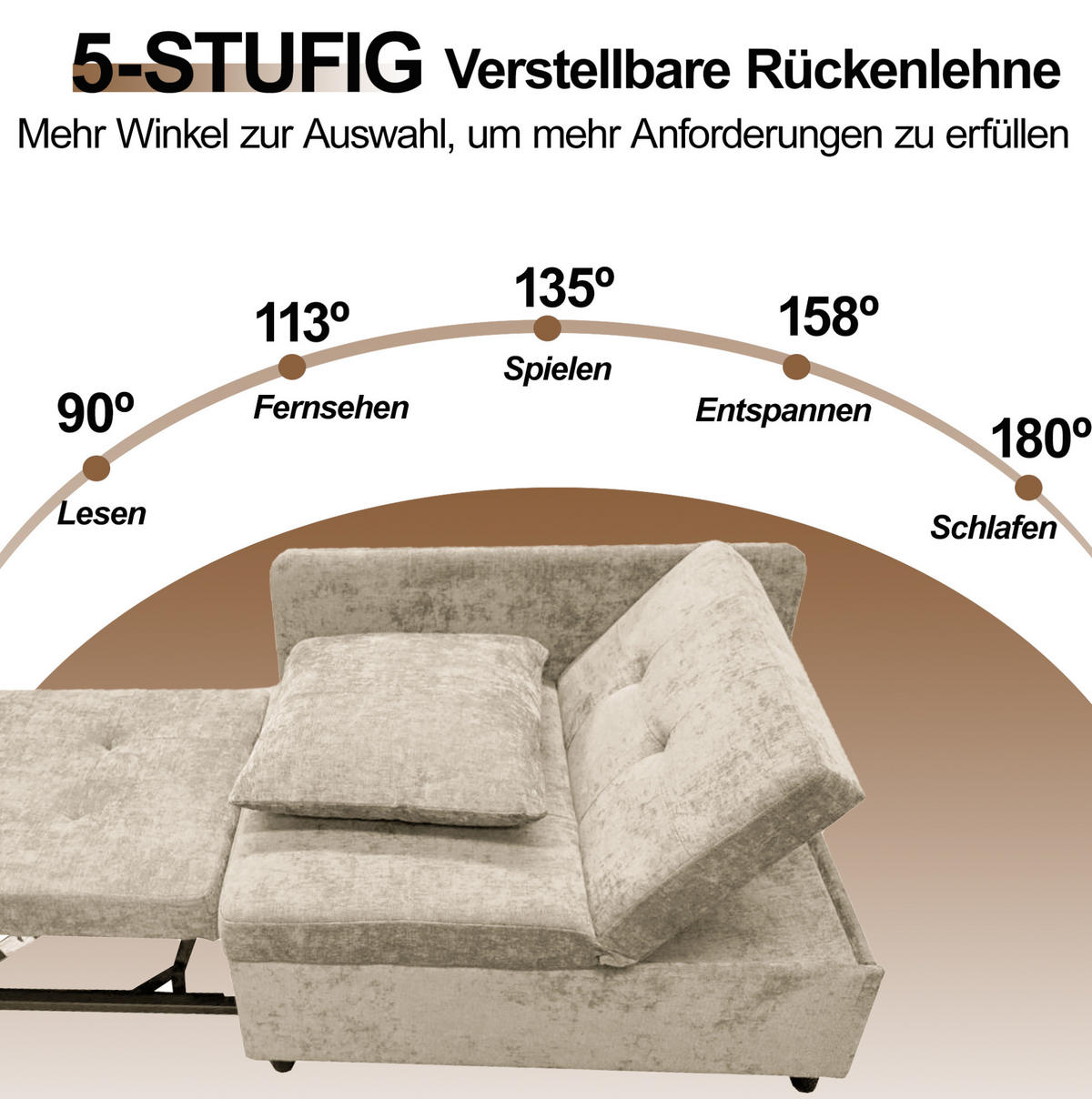 SCHLAFSOFA 3-in-1 Leinenstoff mit 5-fach verstellbarer Rückenlehne Beige 177/68/65 cm - Beige, Textil (68/65/177cm) - Redom