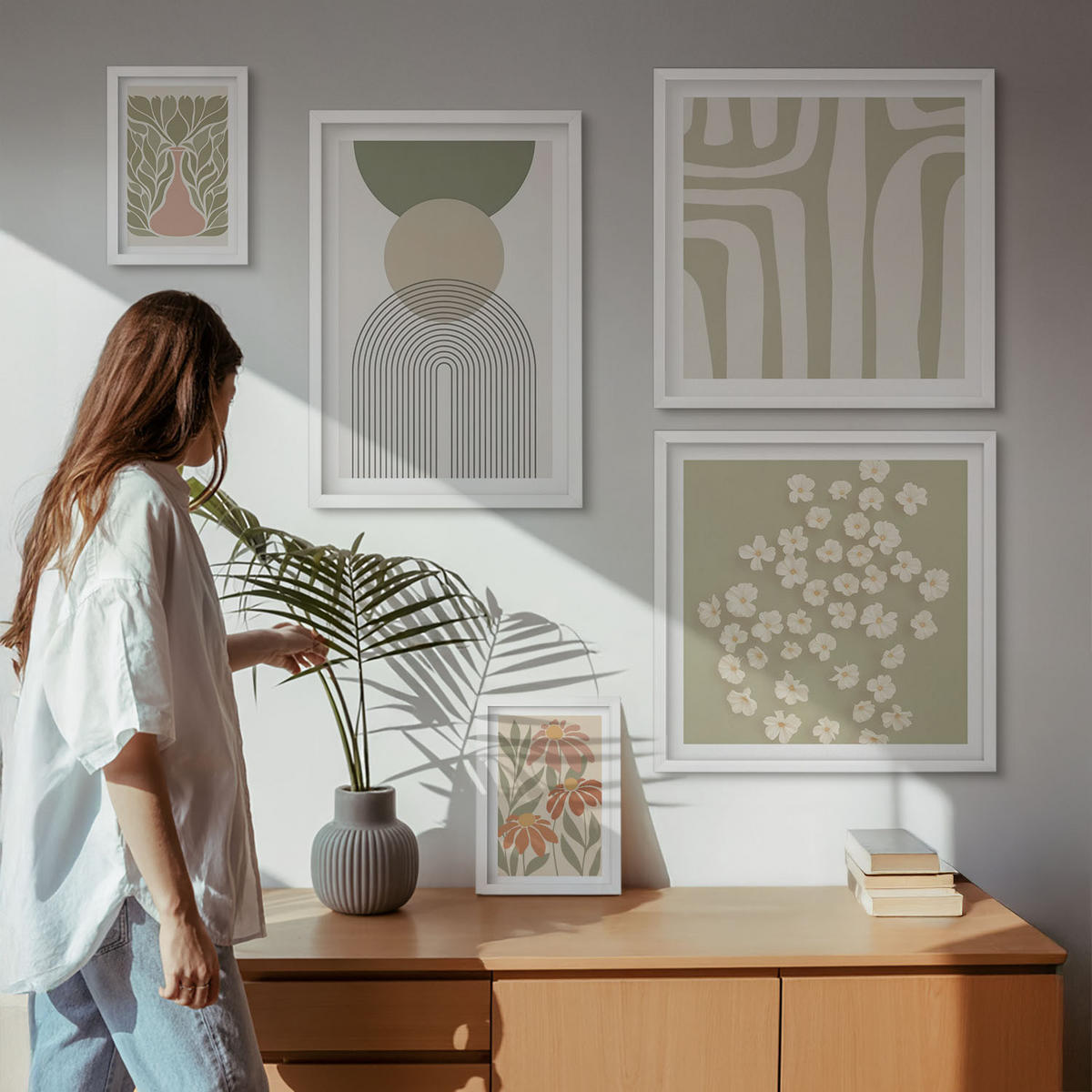 BILDER SET 5er Set - 50x50 cm & 20x30 cm & 40x60 cm Weißer Rahmen - Floraler minimalistischer Boho-Stil - Weiß, Kunststoff (40/60cm) - TULUP