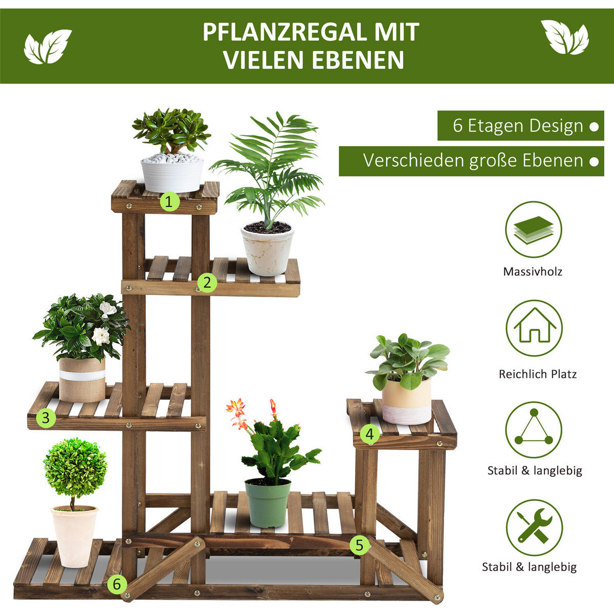 PFLANZENREGAL Holz 6-stufig Pflanzenständer 98 cm verkohlt - Braun, Holz (95/96.5/28cm) - Kaket