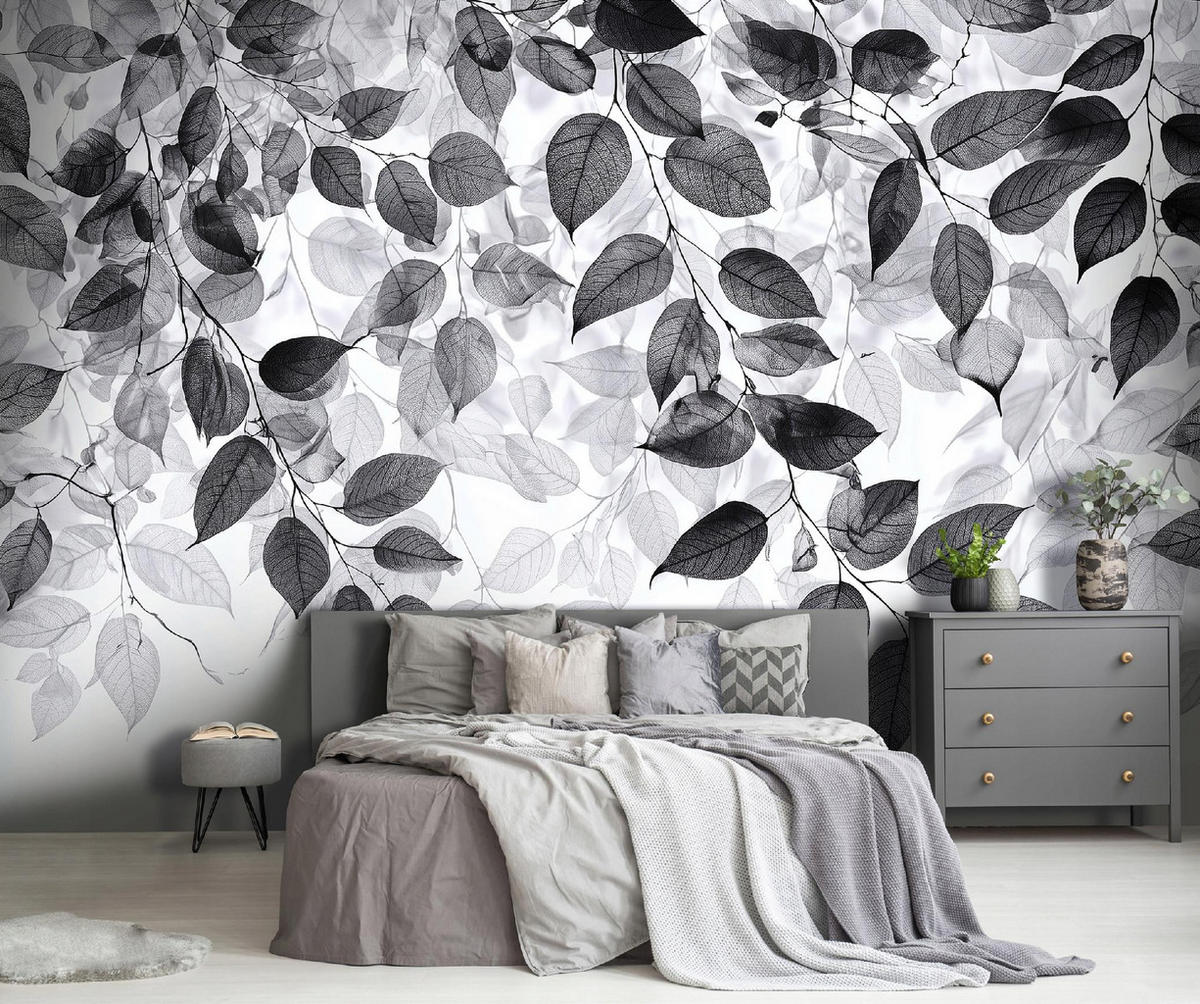 FOTOTAPETE Blätter Schwarz Weiß Wohnzimmer 250x175 - Multicolor, Papier (250/175cm) - Wallarena