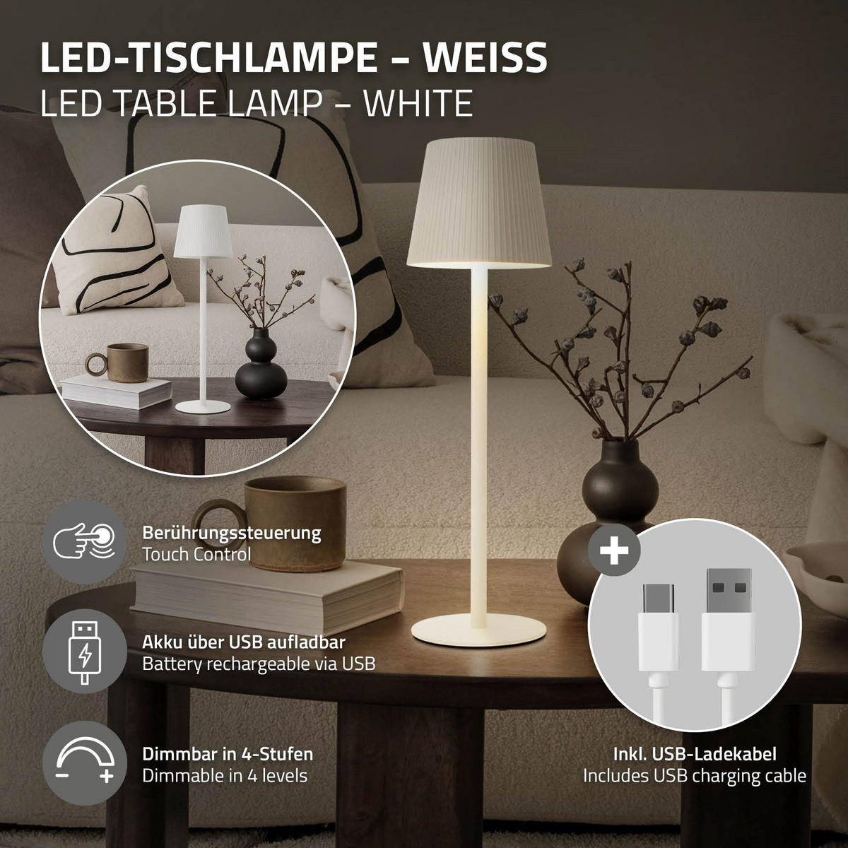 LED TISCHLAMPE kabellos mit Touch Weiß Ø10x36 cm Warmweiß Dimmbar - Weiß, Kunststoff (10/10/36cm) - ML-DESIGN