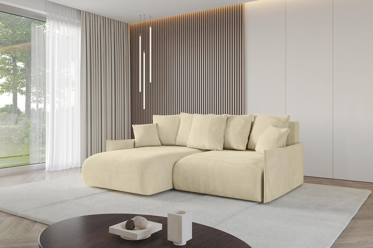 ECKSOFA mit Schlaffunktion und Bettkasten ONESK-L -v1 208x165x40 Beige Velours - Beige, Holzwerkstoff/Kunststoff (208/165cm) - ALTDECOR