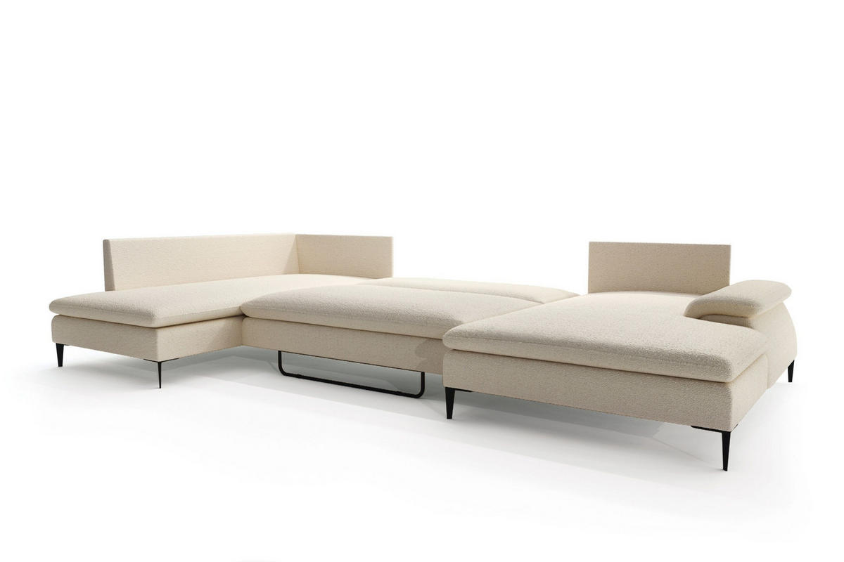 WOHNLANDSCHAFT BREZZA Beige Plüsch-Stoff mit Schlaffunktion - Beige, Holz (350/87/205cm) - MASSENO