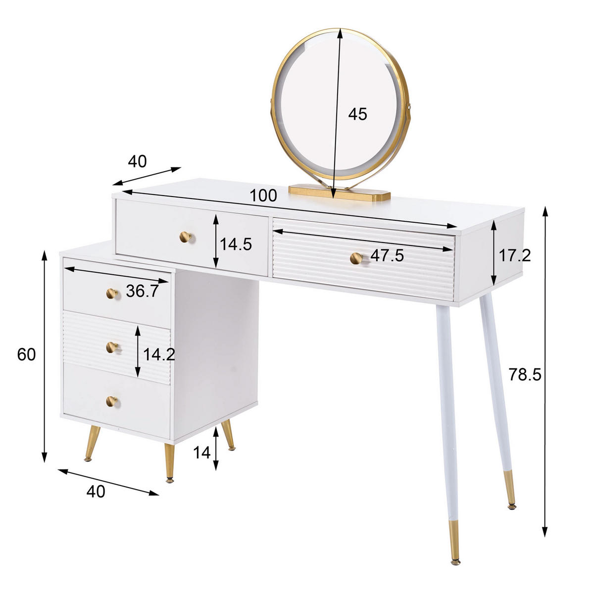 SCHMINKTISCH 100/40/78 cm in Weiß mit LED-Beleuchtung und flexiblem Seitenschrank - Weiß, Holzwerkstoff (40/78.5/100cm) - Flora Grace