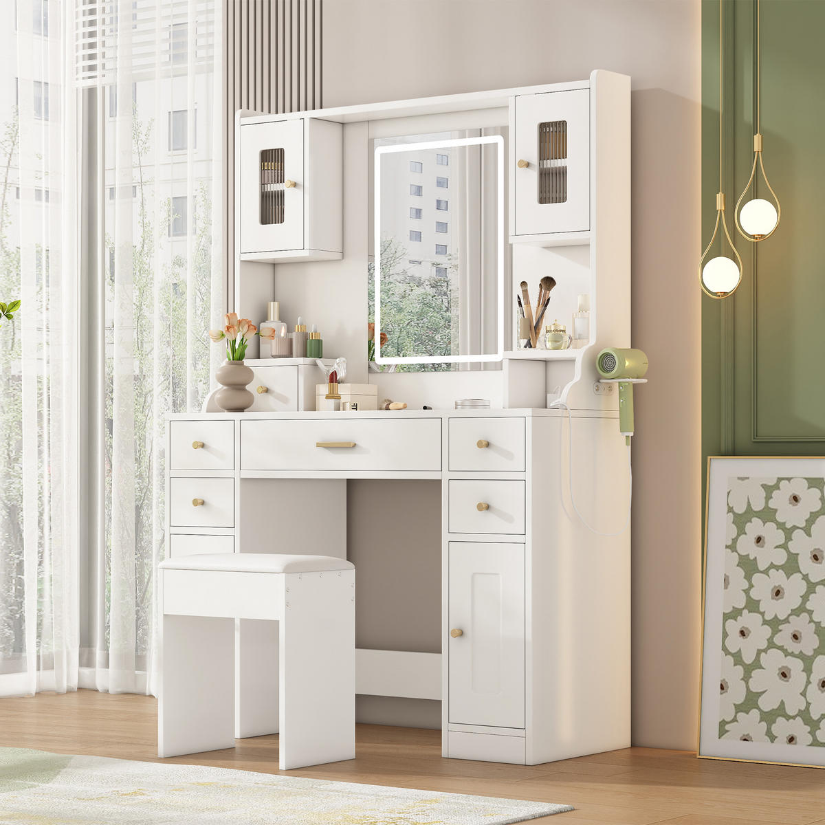SCHMINKTISCH 105/40/152 cm Weiß aus Spanplatte mit LED-Spiegel - Weiß, Holzwerkstoff (40/152/105cm) - OKWISH