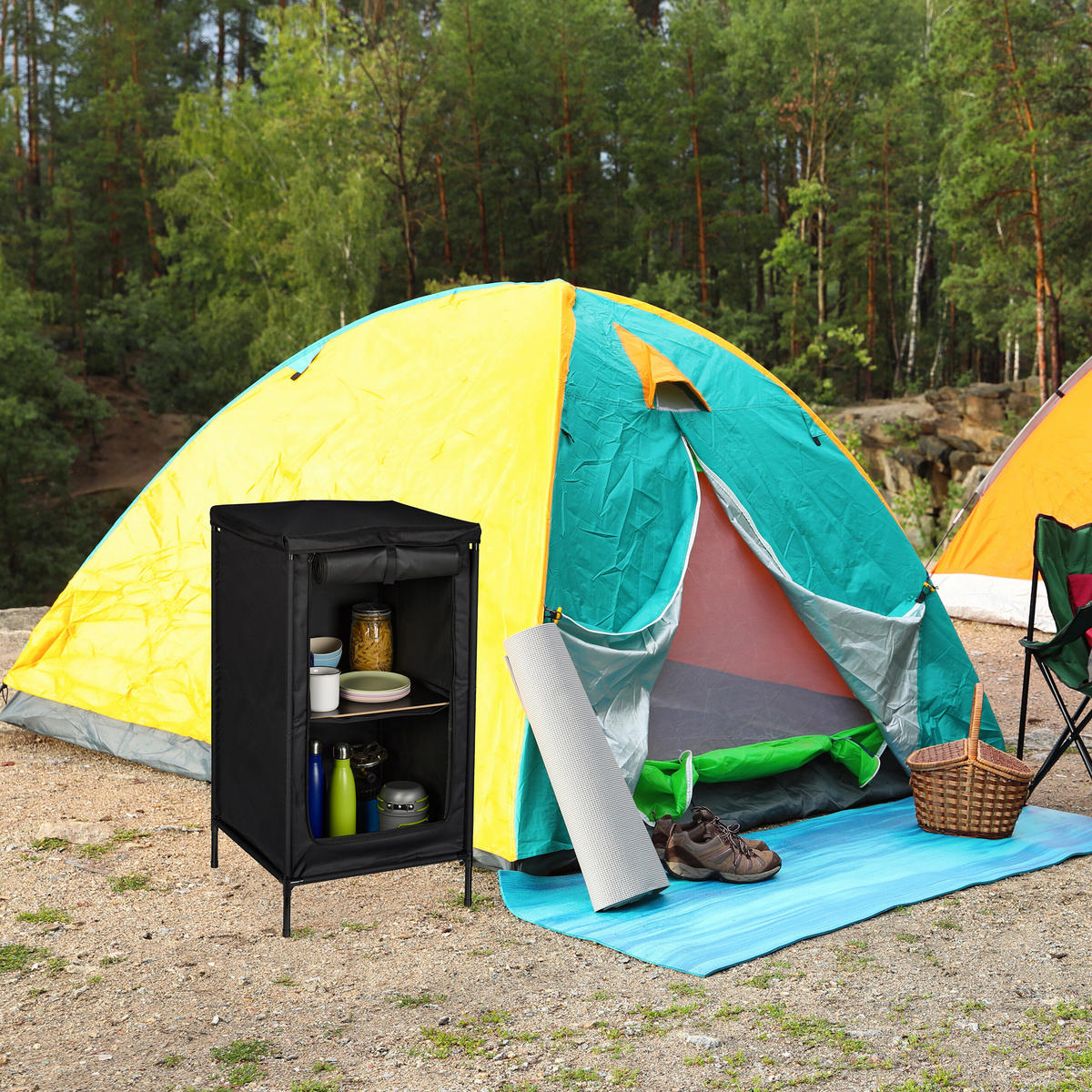 DULAP Gri de camping 2 rafturi - gri, material textil/compozit lemnos (47.5/87/47.5cm) - Relaxdays